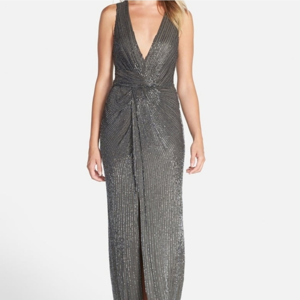 Parker Black Label Dark Gray Beaded Gown